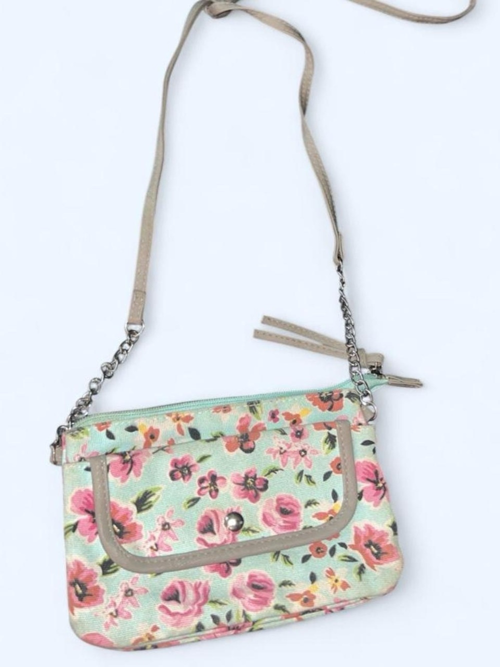 Floral Crossbody Bag in Mint with Pink Flowers
